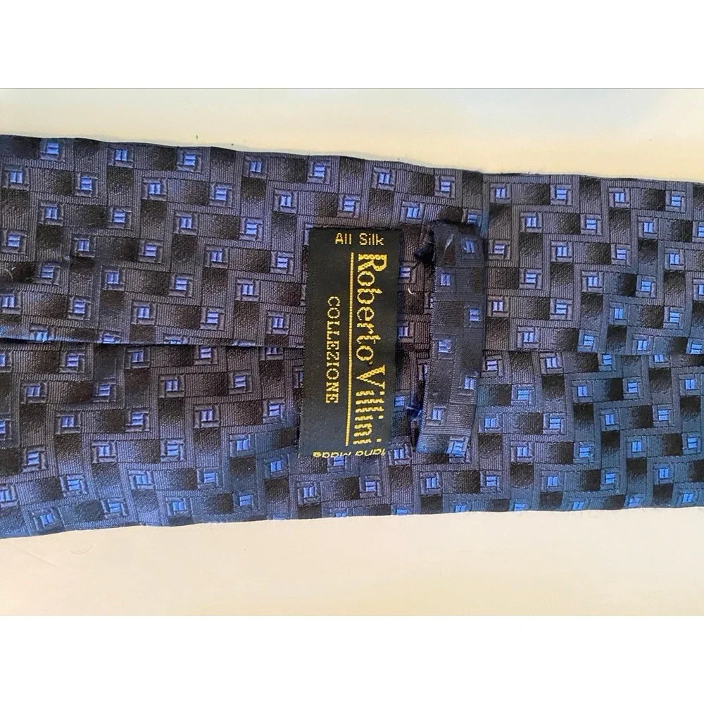 Roberto Villini Collezione Navy Blue Black Geometric Silk Hand Made Necktie